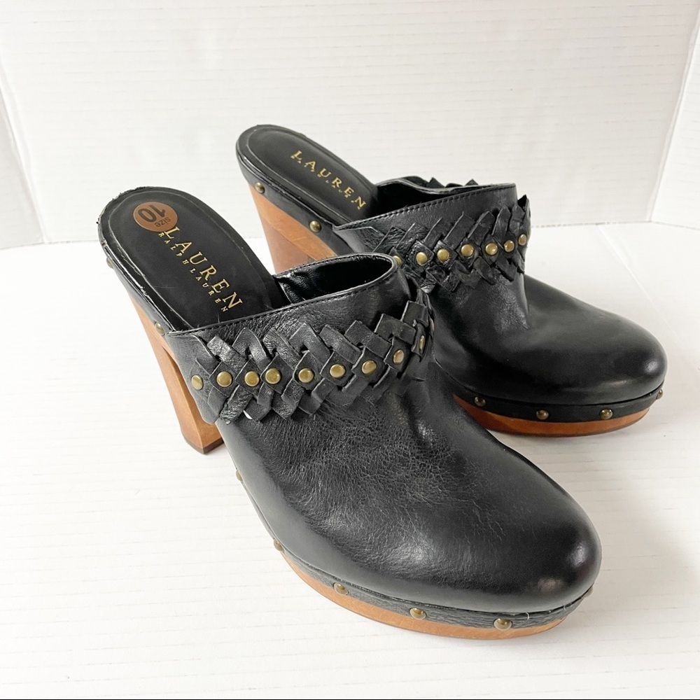 Lauren Ralph Lauren Leather Upper Black Heeled Clog 10